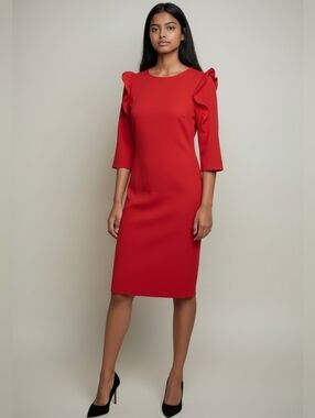 Zara Trafaluc Elegant Red Ruffle Sleeve Knit Dress - Sz 28